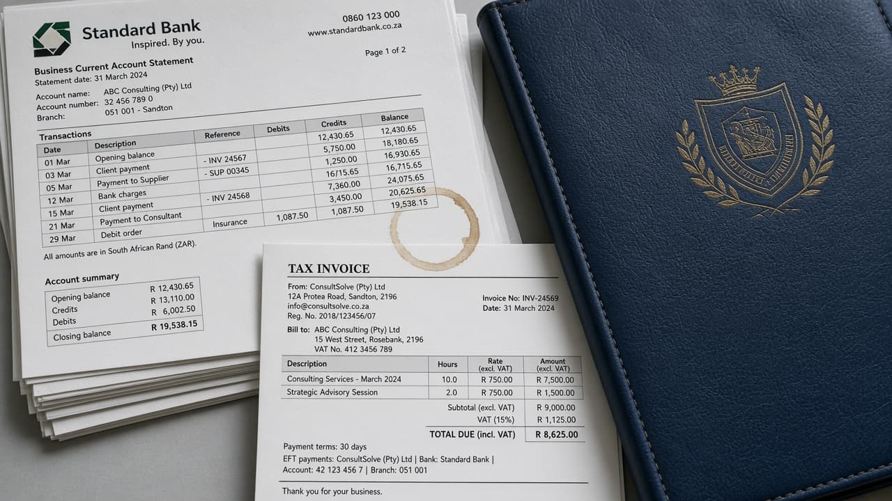 Bank statements, tax invoices and a navy folder of the books, with VAT totals on the invoice.