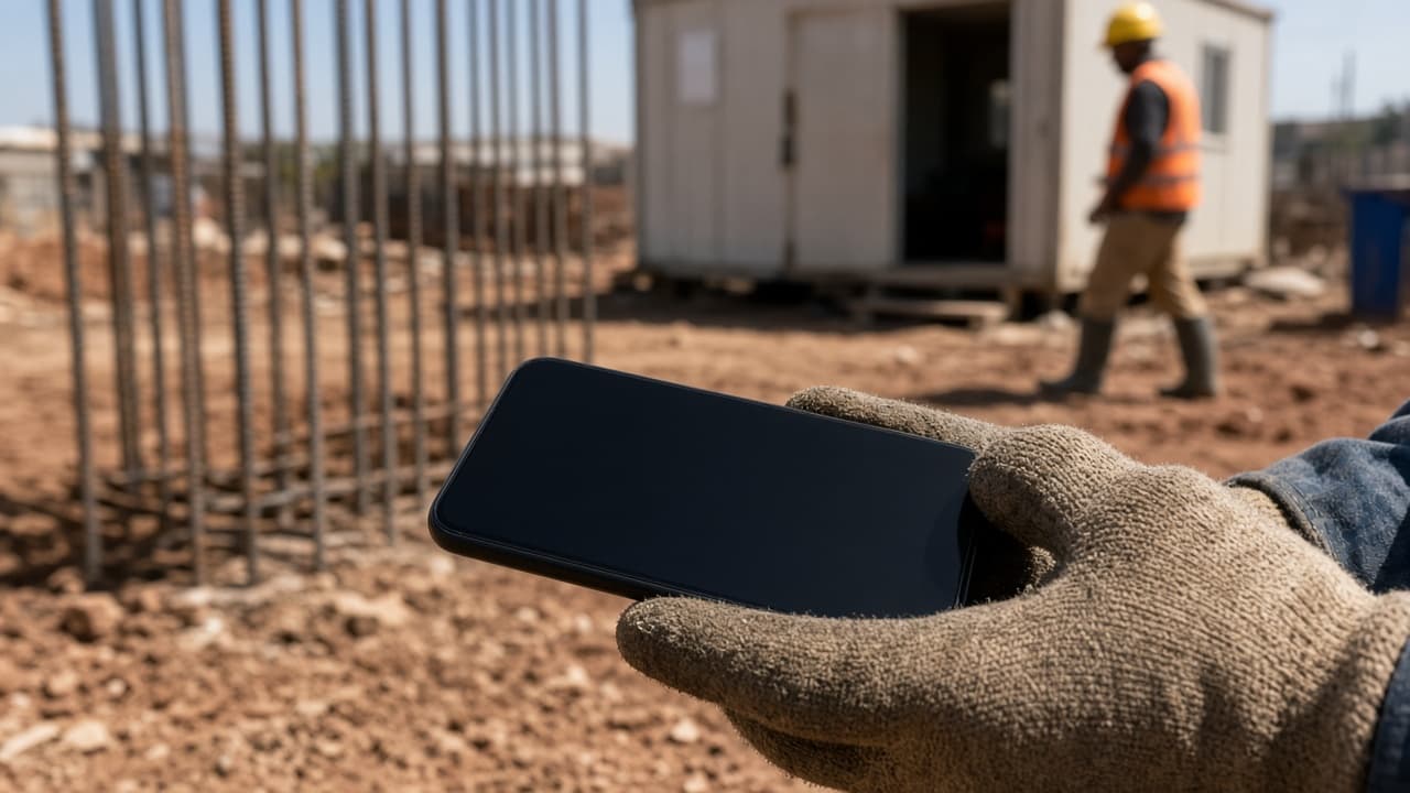 A gloved hand on a construction site holds a phone — the accountant on WhatsApp.