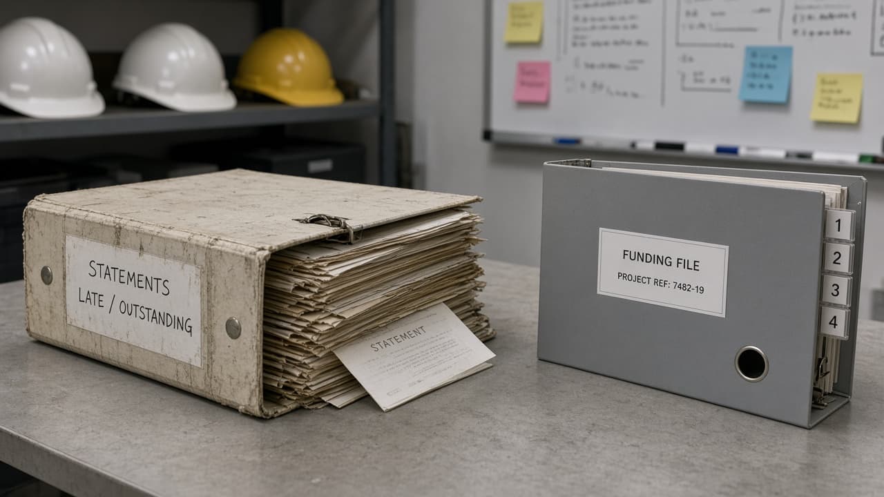 A worn binder of late statements beside a numbered file for funding day.