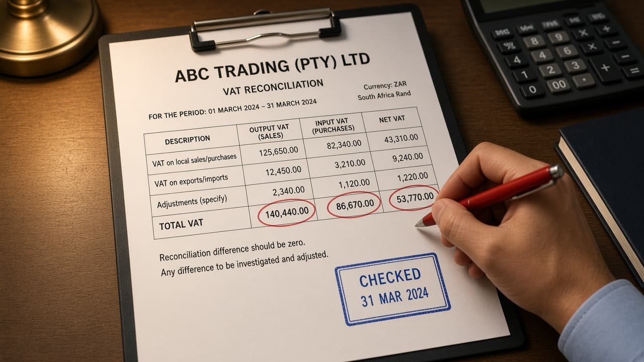 A VAT reconciliation marked up and checked by an accountant.